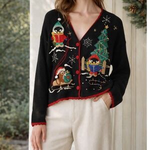 NutCracker Vintage Ugly Christmas Sweater Cardigan Black Penguins Bear Womens XL